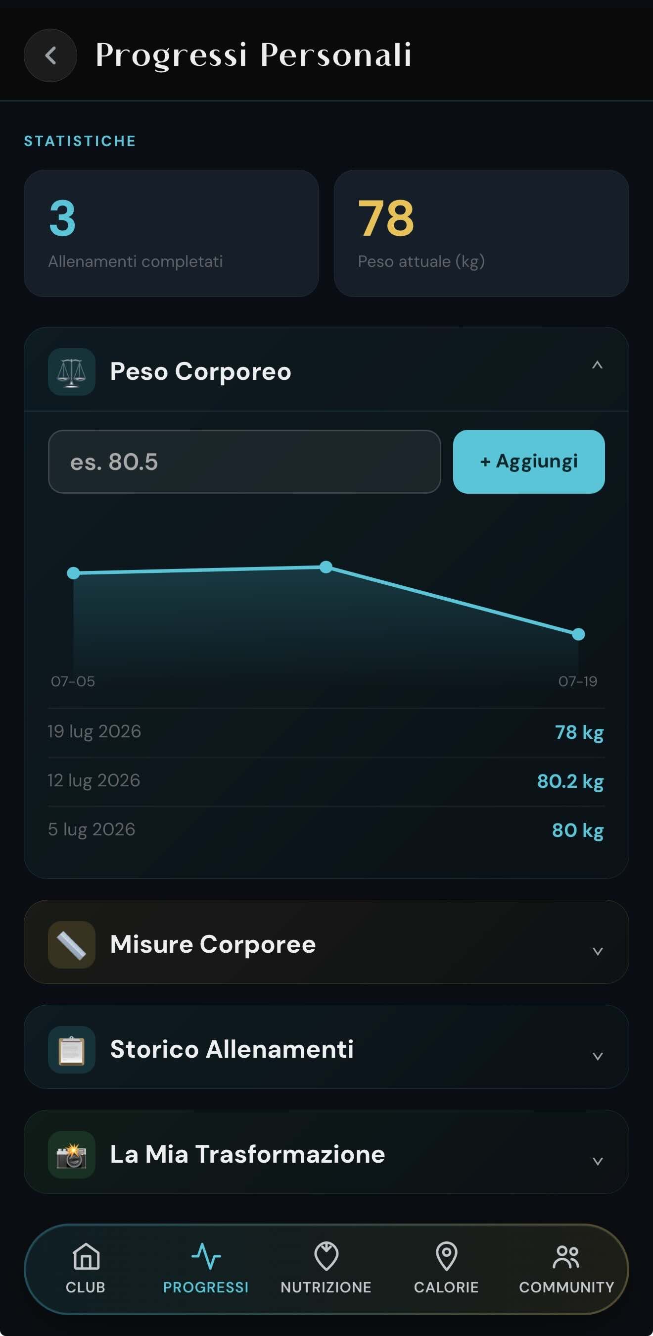 Progressi nell'app DG Athletic Club